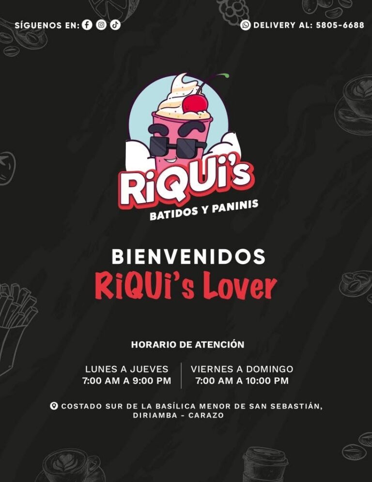 Portada del menú de RiQUi's Diriamba: horarios de lunes a domingo y dirección al costado sur de la Basílica Menor de San Sebastián