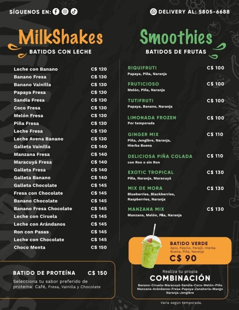 MilkShakes y smoothies de RiQUi's Diriamba: batidos con leche desde C$120 y batidos de frutas desde C$100