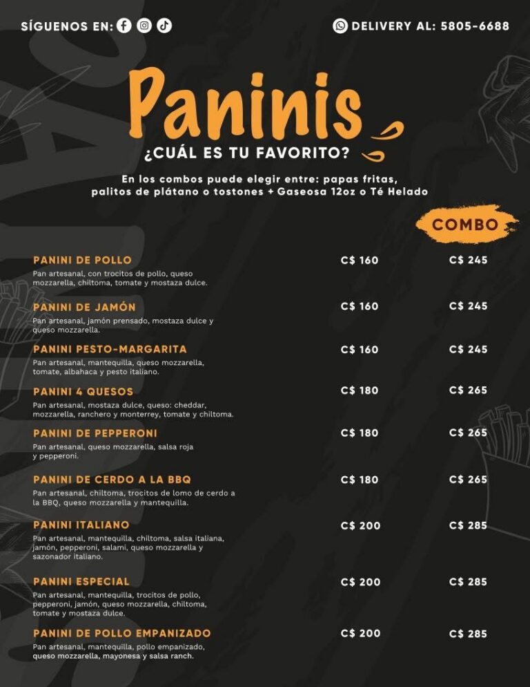 Paninis de RiQUi's Diriamba: pollo, jamón, pesto margarita, cuatro quesos, pepperoni, cerdo BBQ, italiano y especial, de C$160 a C$200, con combo desde C$245