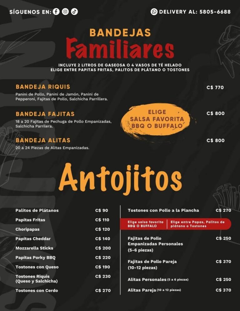 Bandejas familiares y antojitos de RiQUi's Diriamba: papitas, tostones, alitas y fajitas