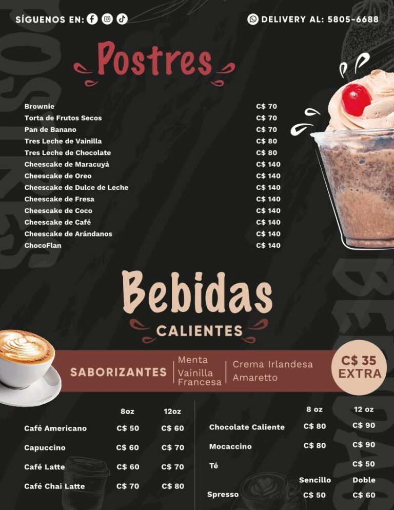 Postres y bebidas calientes de RiQUi's Diriamba: cheesecakes, tres leches y cafés
