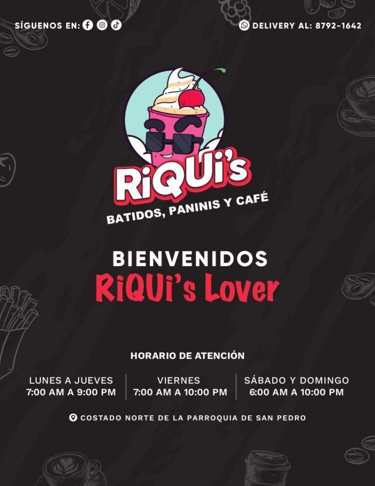 Portada del menú de RiQUi's Rivas: horarios, con apertura desde las 6:00 a.m. sábado y domingo, y dirección al costado norte de la Parroquia de San Pedro