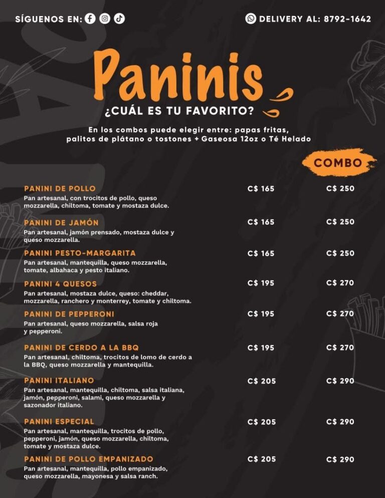 Paninis de RiQUi's Rivas: pollo, jamón, pesto margarita, cuatro quesos, pepperoni, cerdo BBQ, italiano y especial, de C$165 a C$205, con combo desde C$250