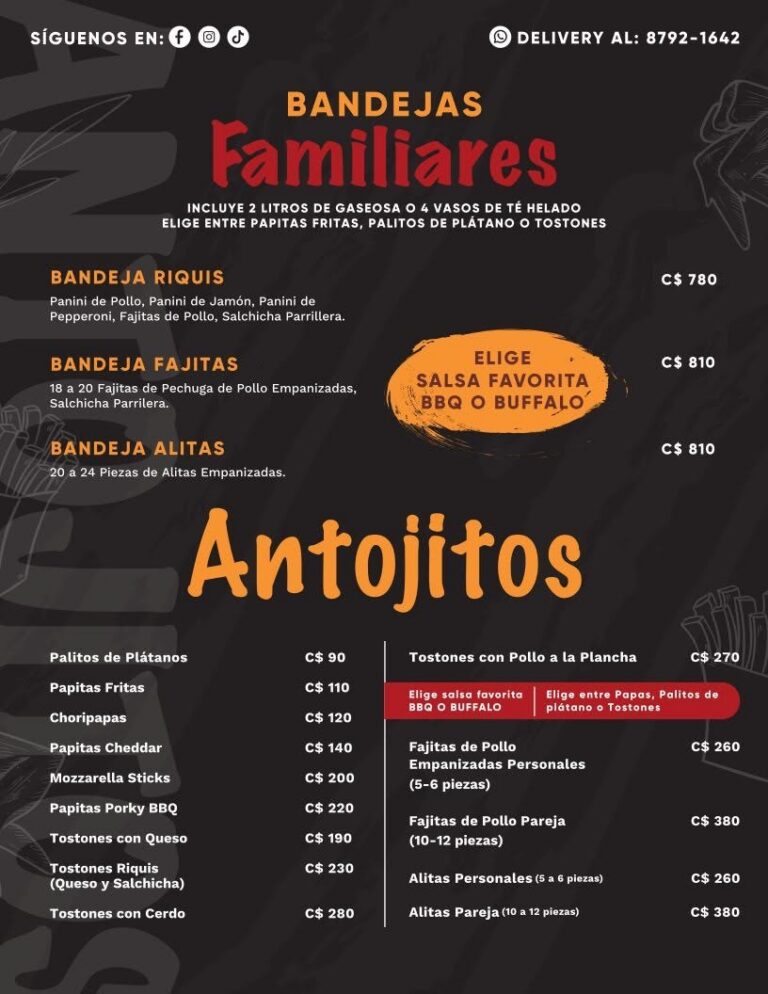 Bandejas familiares y antojitos de RiQUi's Rivas: papitas, tostones, alitas y fajitas