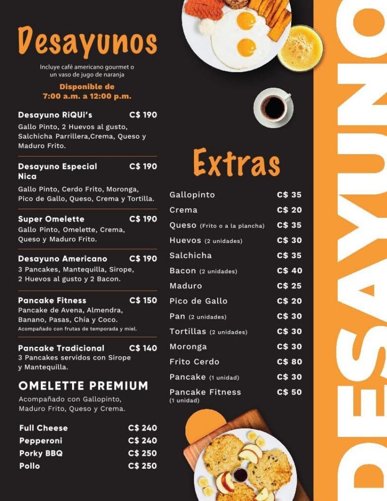 Desayunos de RiQUi's Rivas a C$190, disponibles de 7:00 a.m. a 12:00 p.m., con extras y omelettes