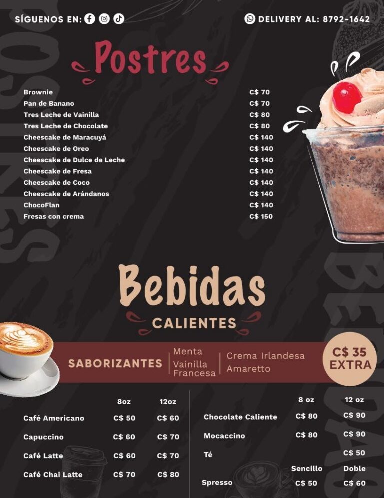 Postres y bebidas calientes de RiQUi's Rivas: cheesecakes, tres leches y cafés